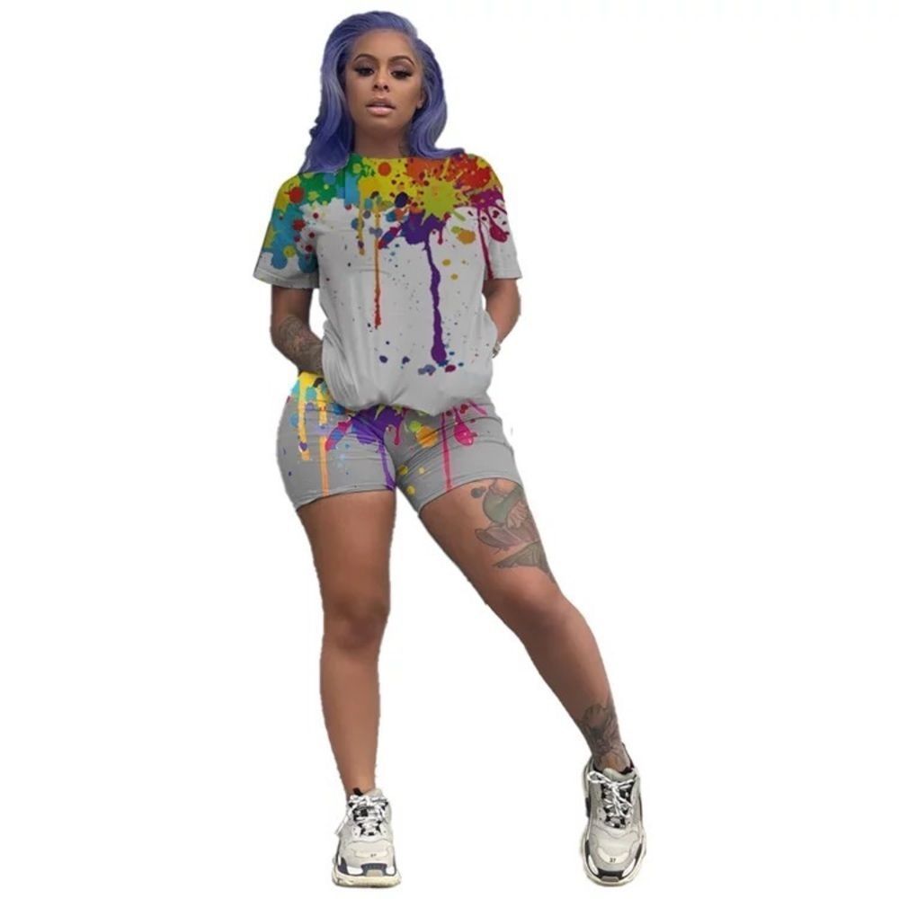 Gray graffiti T-shirt Workout Shorts 2 Pieces Set Outfit Joggers Tracksuit - Picture 1 of 2